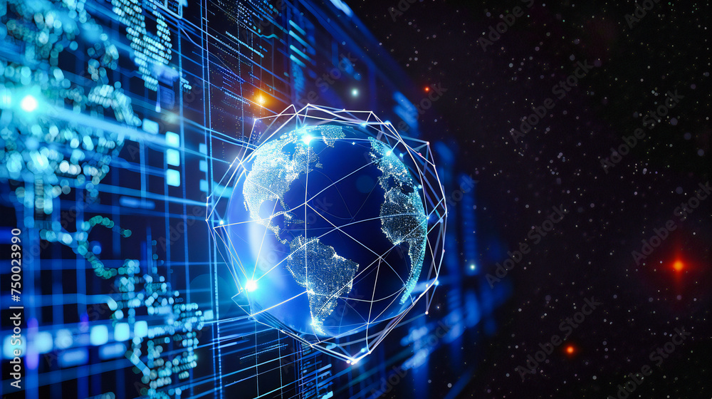Obraz premium Worldwide Network: A Vision of Global Connectivity and Information Flow Across a Blue Digital Earth