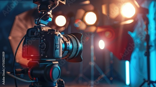 Professional camera setup in a studio - Image depicting a professional camera on a tripod with lighting equipment  capturing the essence of studio photography