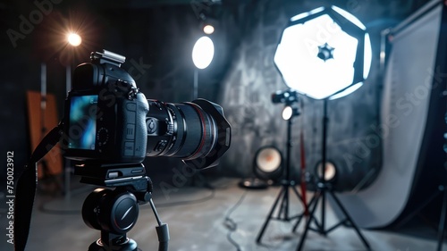 Professional DSLR camera in studio setting - A high-quality DSLR camera set up inside a professional photography studio with lighting equipment