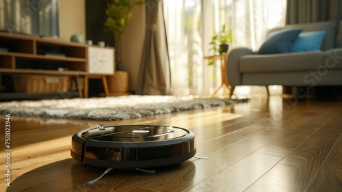 Smart vacuum cleaner in cozy living room - Automated cleaning technology in a modern living room with natural light and comfortable furniture