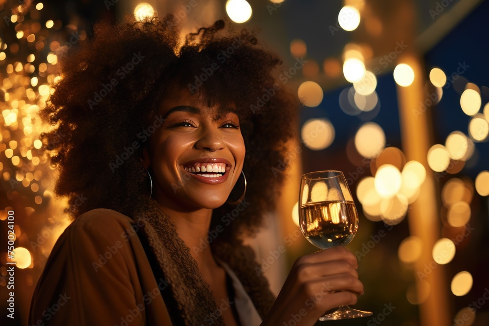 Young happy cheerful young woman drinking champagne and  enjoyong the beach party. Clubbing, dancing, new year celebration idea