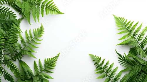 Lush green fern leaves framing a white background with copy space photo