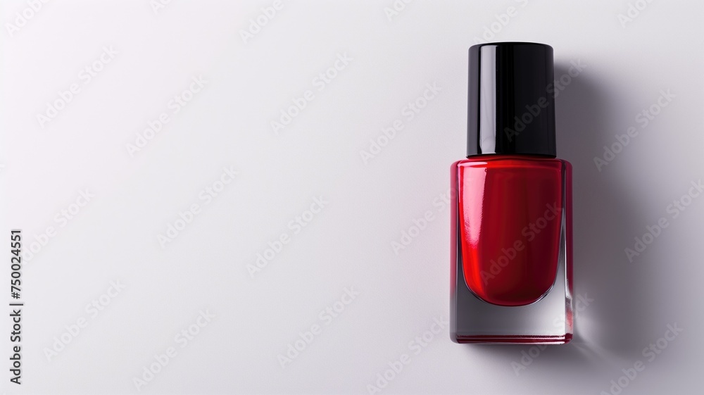Elegant red nail polish bottle on a minimalistic white surface Elegant red nail polish bottle on a minimalistic white surface