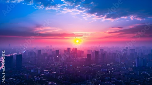Cityscape at Sunset with Pink and Blue Sky
