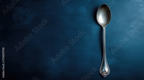 Antique silver spoon on a dark blue textured background with space