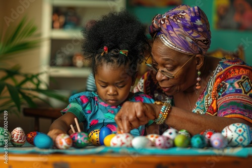 A tender moment as a grandmother guides her young granddaughter in the traditional craft of decorating Easter eggs at home..