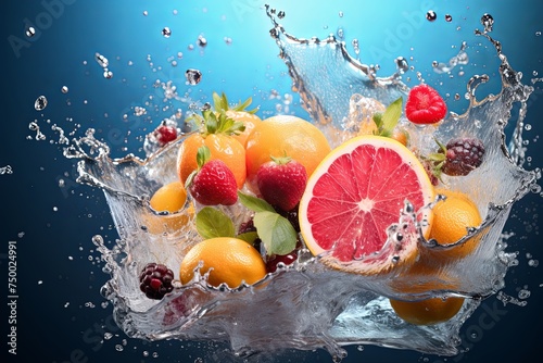 Fresh multi fruits and healthy vegetables food diet freshness and cocktail drinks  summer beverage concept with ice water drop splash background