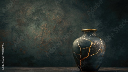 An elegant black vase with gold kintsugi repair