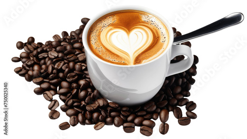 a high quality stock photograph of a single coffee cup and spoon full body in the center isolated on white background