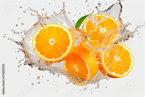 Fresh fruit floating orange juice or cocktail drinks  summer beverage concept with ice water drops splashing background