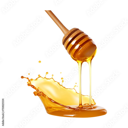 Honey dripping from a wooden dipper isolated on transparent background
