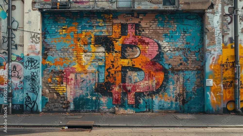 Fototapeta premium A vibrant and colorful graffiti of the Bitcoin symbol on a brick wall, blending urban street art with the concept of digital currency.