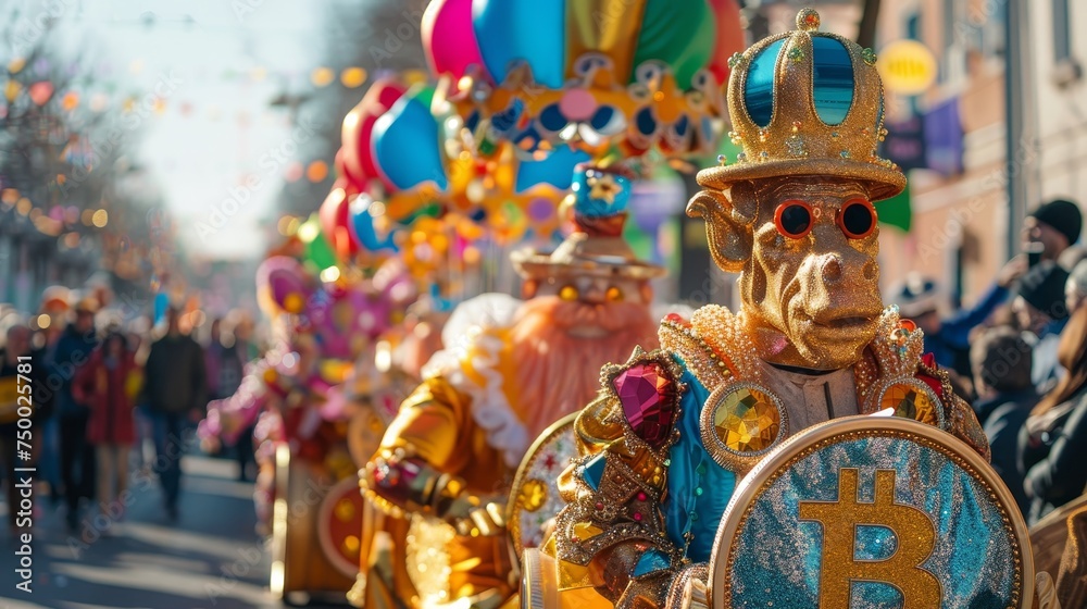 Vibrant and colorful carnival participants wear Bitcoin-themed costumes, merging festive celebration with cryptocurrency culture.