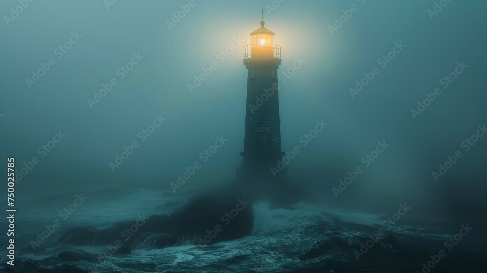 A solitary lighthouse stands as a beacon amidst a dense fog over ...