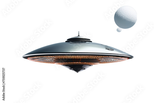 a high quality stock photograph of a single futuristic unidentified flying object ufo isolated on a white background