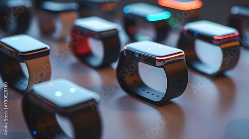 Row of Stacked Smart Watches in a Futuristic Display photo