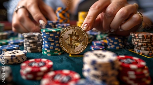 A hand holds a Bitcoin token above a spread of various casino chips, metaphorically linking cryptocurrency trading to gambling. photo