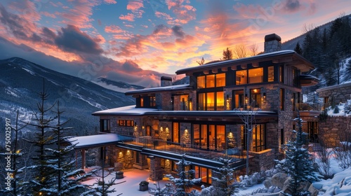 An opulent mountain home with illuminated windows warmly contrasts the snowy landscape during a breathtaking sunset. photo