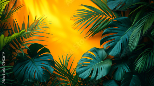 Green tropical leaves on a yellow background.