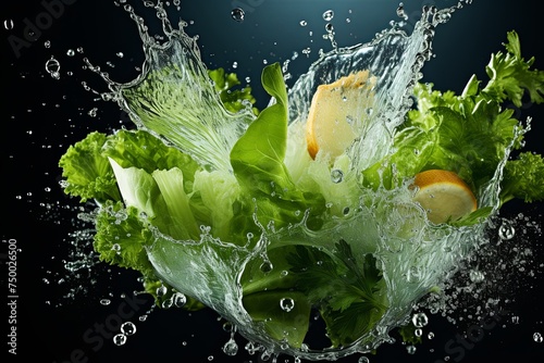 Fresh healthy organic green vegetable with falling ice water drop splash on white background