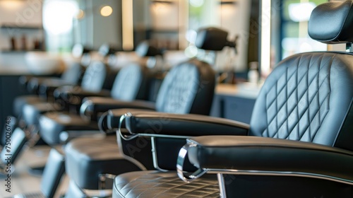 Modern Elegance, Comfortable Black Leather Armchairs Adorn the Cozy and Bright Interior of a Beauty Salon Barbershop