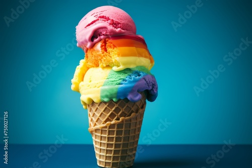 A colorful rainbow ice cream cone with three melting scoops of rainbow sherbet, set against a bright blue background, creating a tempting treat ideal for enjoying on hot summer days. photo