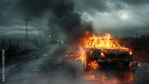 Scene of burning car by an accident animation video looping motion photo