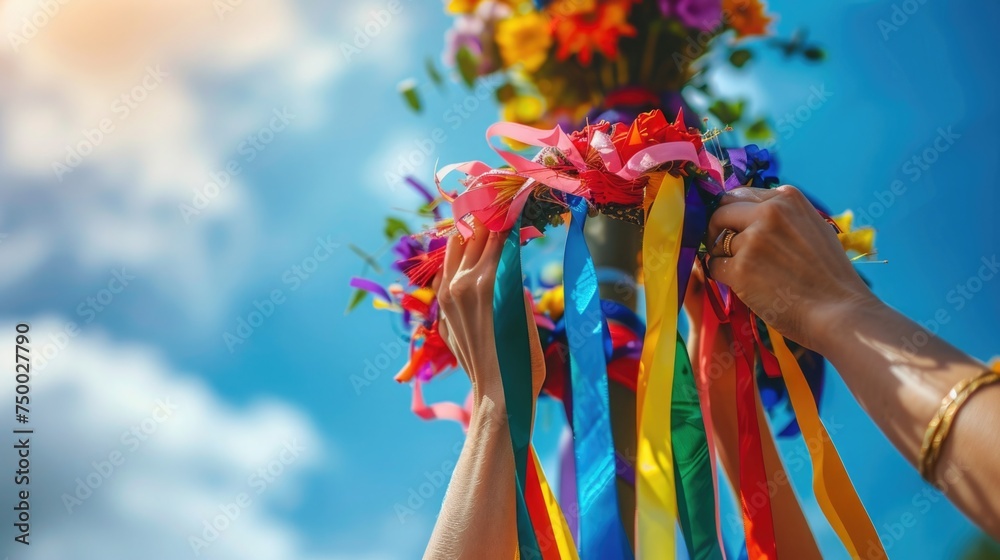 A close-up of hands intricately weaving colorful ribbons around a maypole, capturing the textures and vibrant colors of the ribbons against the backdrop of a sunny, festive day - obrazy, fototapety, plakaty 