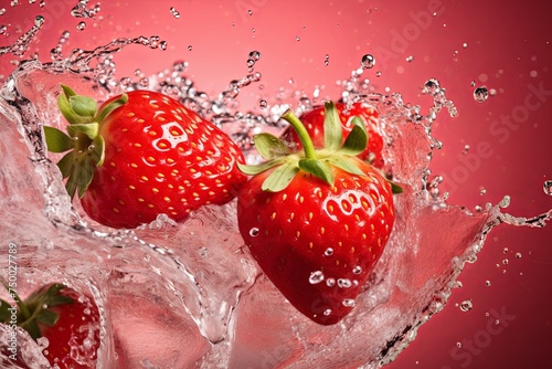Fresh strawberry fruits juice and healthy food summer beverage concept with falling into ice water drop splash background