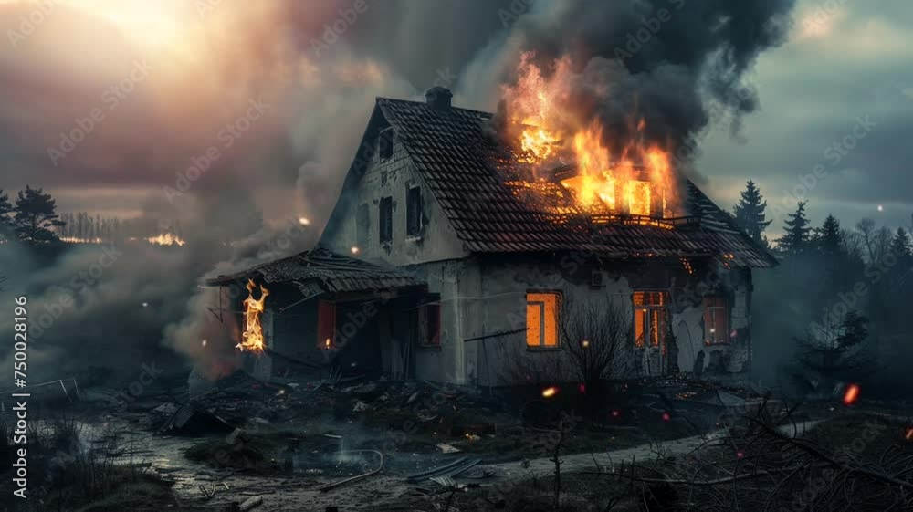 Scene house burning iut by an accident animation video looping motion