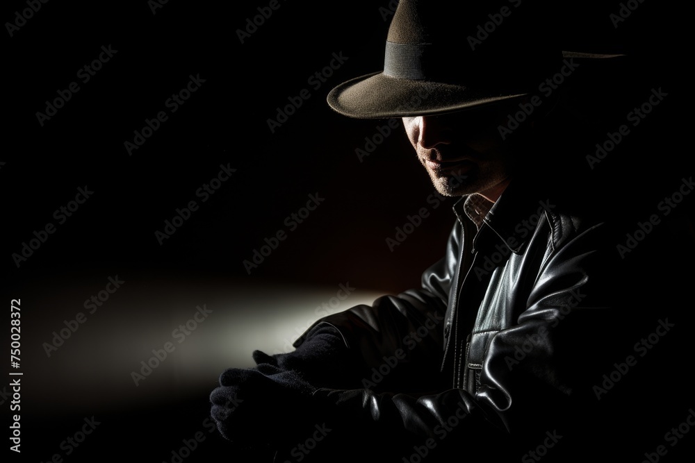 A man wearing a hat and leather jacket is sitting in the dark. The mans face is obscured by the hat and jacket, and he is looking down. The background is dark and nondescript.