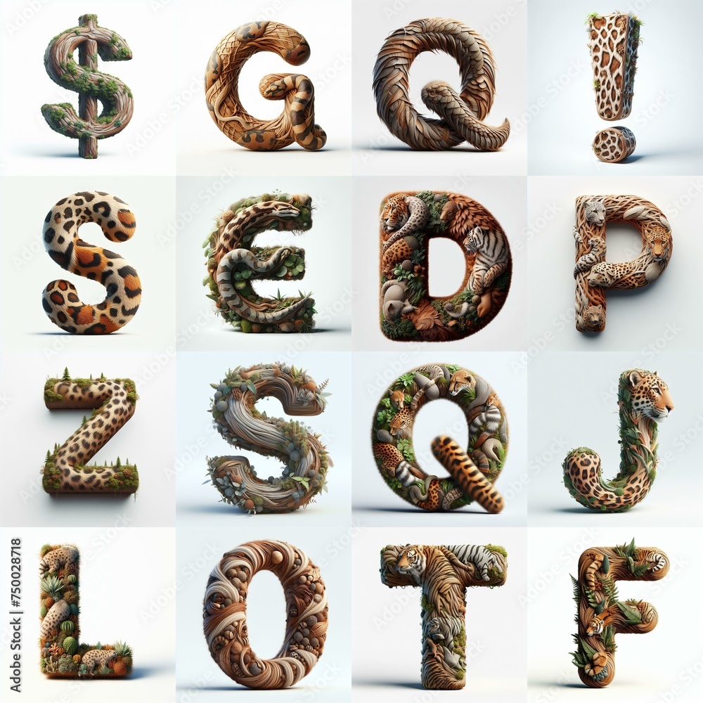 Animal lettering 3D. AI generated illustration