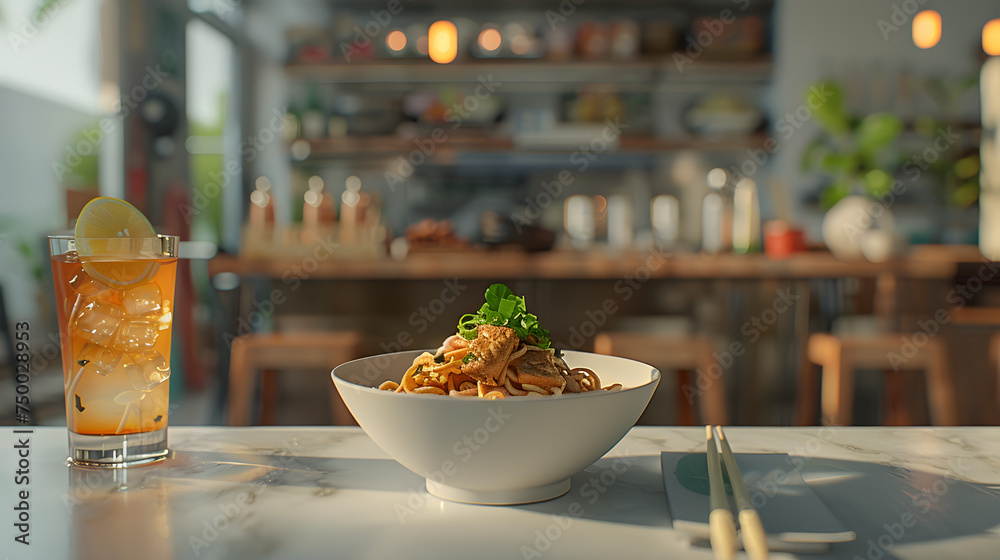 Gourmet asian noodles with refreshing iced tea