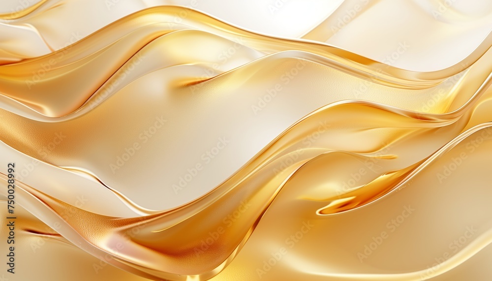 Fototapeta premium Background of rich gold smooth cosmetic elixir. A close up of ambercolored liquid, fluidly moving across a white background, creating a mesmerizing pattern. 