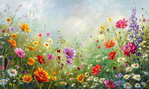 idyllic wildflower meadow painting with soft sunlight and a mix of colorful blooms © Klay