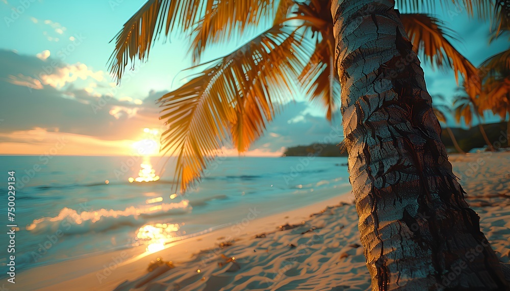 Fototapeta premium Sunset on the beach with a focus on palm tree. Palm tree closeup on sandy tropical beach as the waves are crashing and the sun is shining. Exotic vacation and blue skies