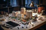Artistically Crafted Cityscape Miniature Model with Intricate Details, Illuminated Street Lamps and Tiny Buildings Displayed on Table in Dimly Lit Room, Evoking a Charming Urban Atmosphere