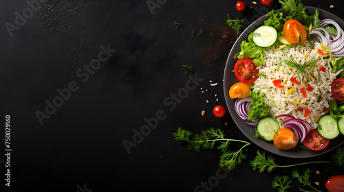 Fresh salad with rice and vegetables on dark background
