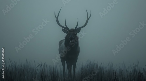 Moose standing in atmospheric dense fog. Forest Mountain wildlife. Elk. Deer.