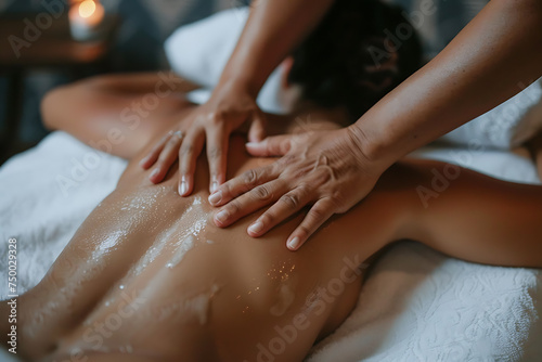 A professional massage therapist giving a relaxing massage to a client, using gentle motions to ease tension and promote well-being photo