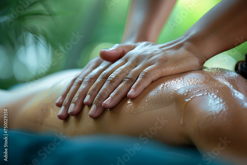 A professional massage therapist giving a relaxing massage to a client, using gentle motions to ease tension and promote well-being photo