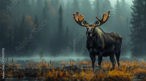 Moose standing in atmospheric dense fog. Forest Mountain wildlife. Elk. Deer.