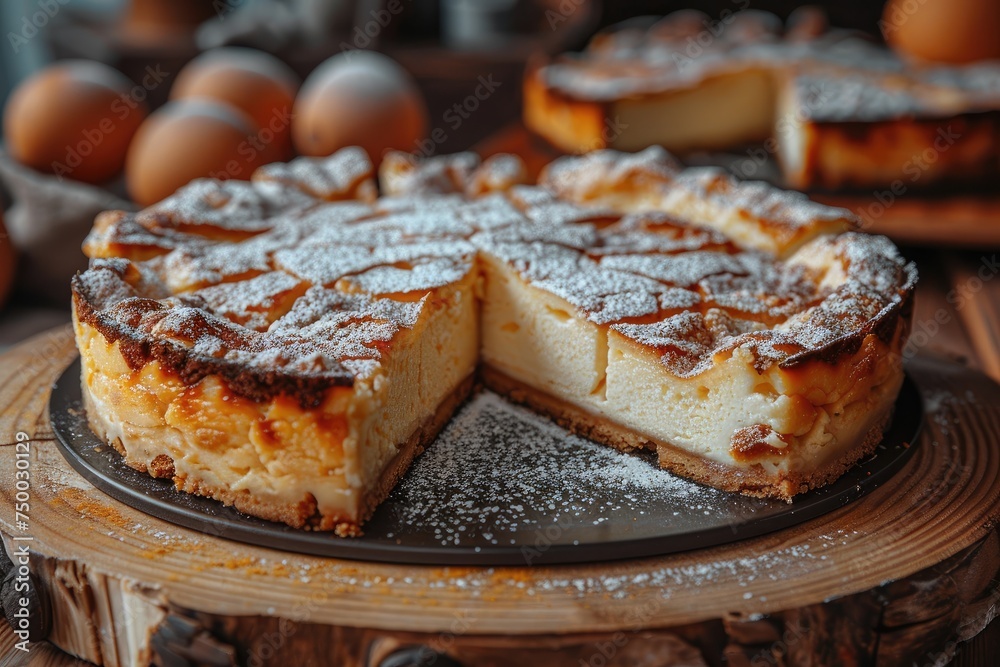 a flan on a plate with on top kitchen table professional advertising food photography