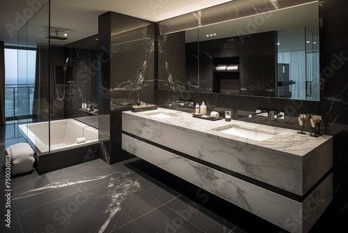 This luxurious bathroom features dark marble tiles  a freestanding bathtub  double vanity  and a large mirror  creating an upscale and serene ambiance for relaxation.