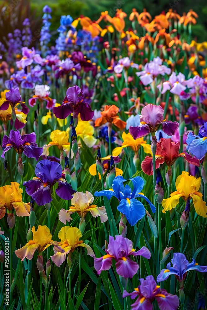 A Flourishing Display of Vibrant Irises Adorning a Sunlit Garden: A Blissful Portrayal of Springtime