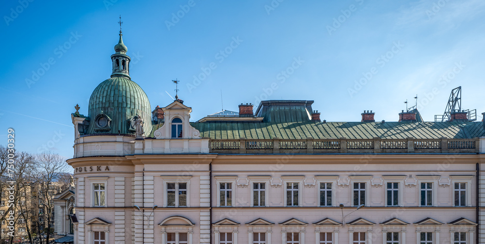 The Polish post office building in the Neo-Renaissance style. A beautiful, richly decorated tenement house. View from the castle terraces. Bielsko-Biala