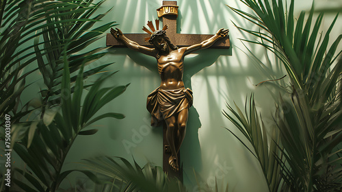 palm sunday background christianity celebration, Christian Palm Sunday with palm branches and leaves and cross photo