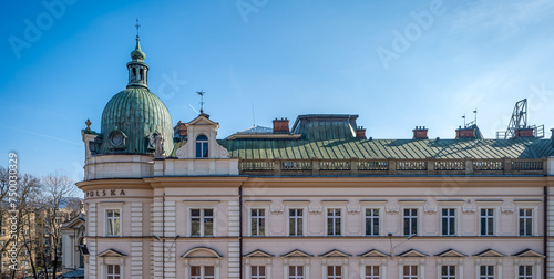 The Polish post office building in the Neo-Renaissance style. A beautiful  richly decorated tenement house. View from the castle terraces. Bielsko-Biala