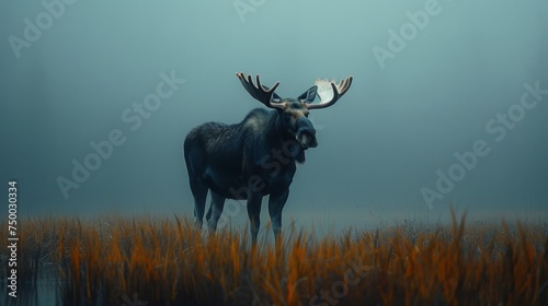 Moose standing in atmospheric dense fog. Forest Mountain wildlife. Elk. Deer. photo