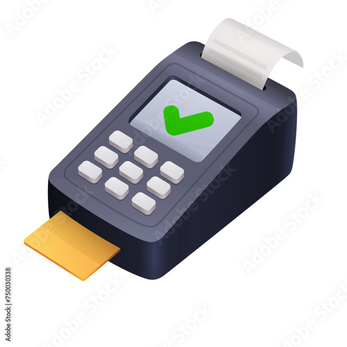 Vector payment machine and credit card. POS terminal confirms the payment by debit credit card, invoce. NFC payments concept
